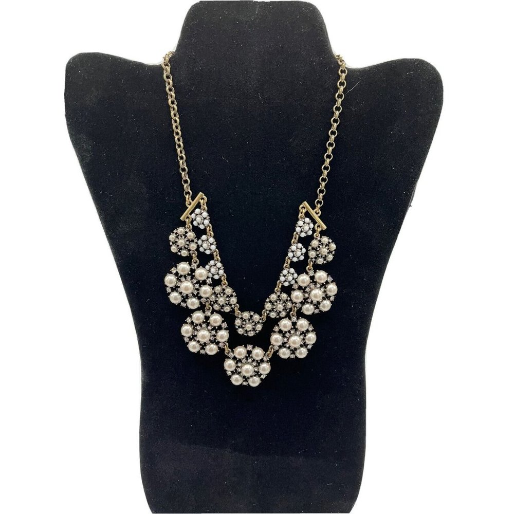 Statement Double Strand Faux Pearl & Rhinestone Floral Choker Necklace 17" - 19"
